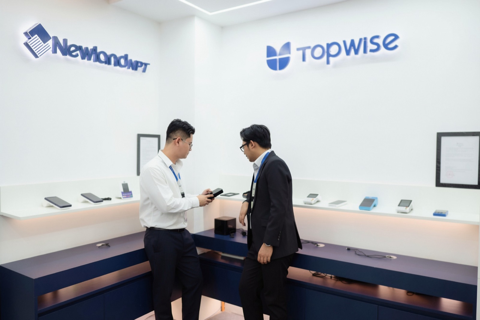 Two CYNEXIX colleagues looking at a payment terminal in the showroom, under the Newland NPT and Topwise logos