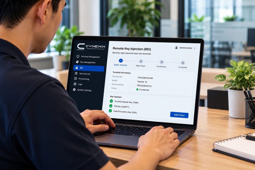 A person at a laptop using a CYNEXIX Remote Key Injection (RKI) console to inject payment keys into a connected Topwise terminal.