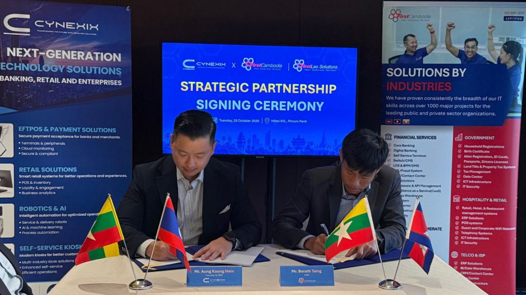 Aung Kaung Hein, Founder and CEO of CYNEXIX, and Borath Taing, CEO of First Cambodia, signing the strategic partnership agreements at Hôtel KVL, Phnom Penh, on 20 October 2026.