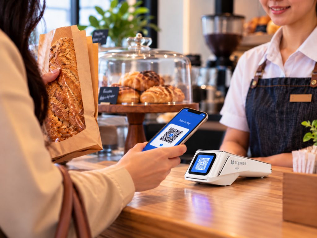 A café customer scans a QR code on the customer-facing screen of a Topwise dual-screen terminal at the counter.
