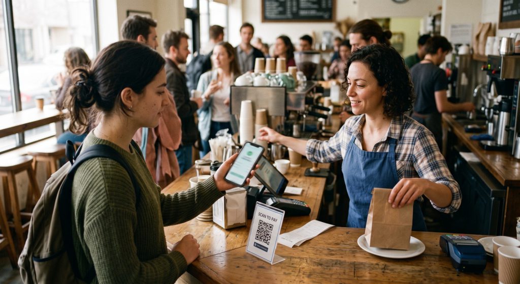 A café customer scans a “Scan to pay” QR code at the counter with a phone.