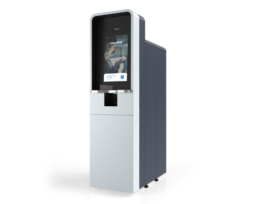 Floor-standing self-service kiosk with touchscreen