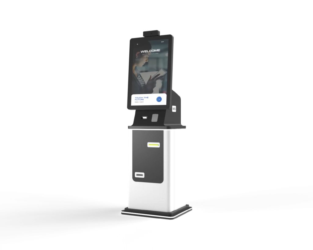 Floor-standing self-service kiosk with touchscreen, camera and printer