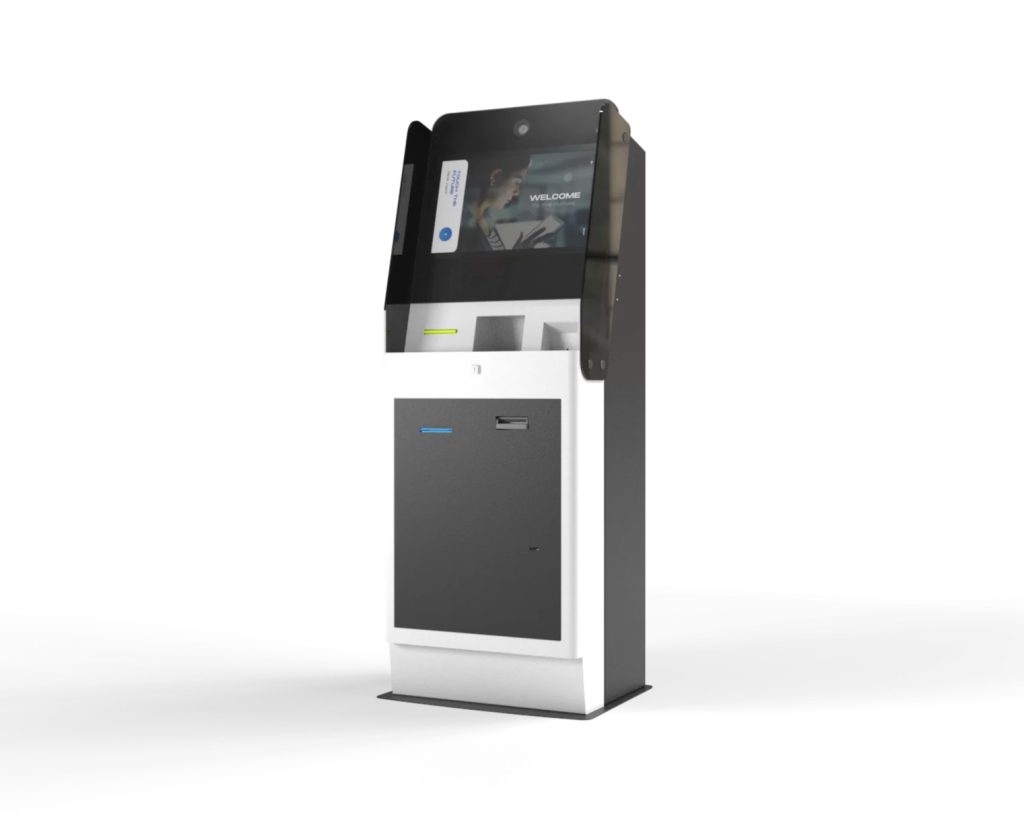 Self-service kiosk with touchscreen and a large lower cabinet