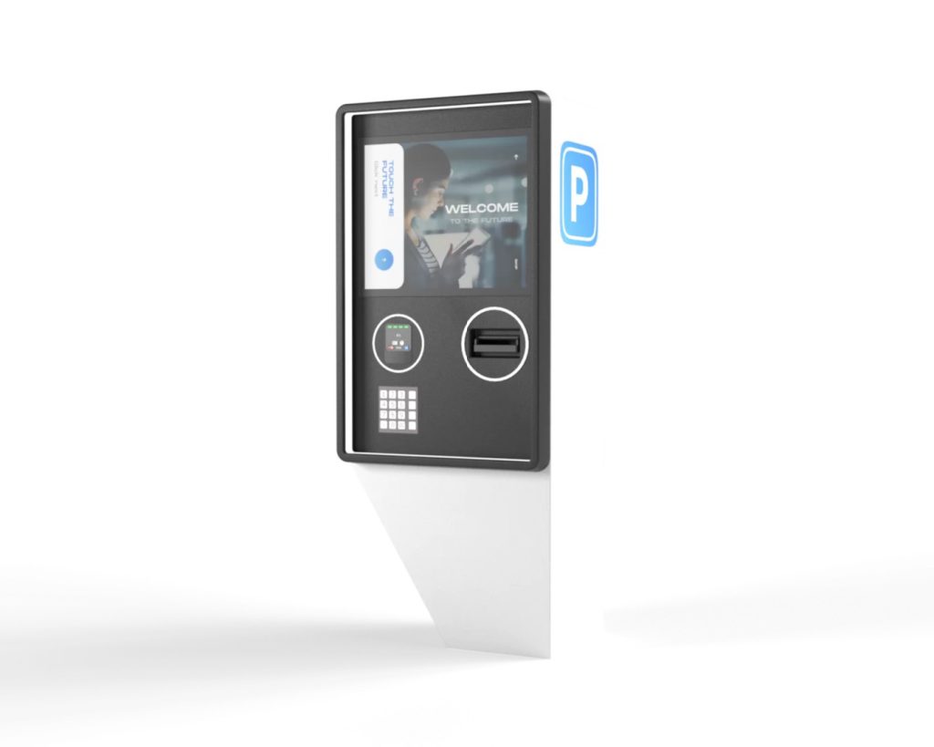 Slim self-service kiosk with touchscreen, card reader and keypad