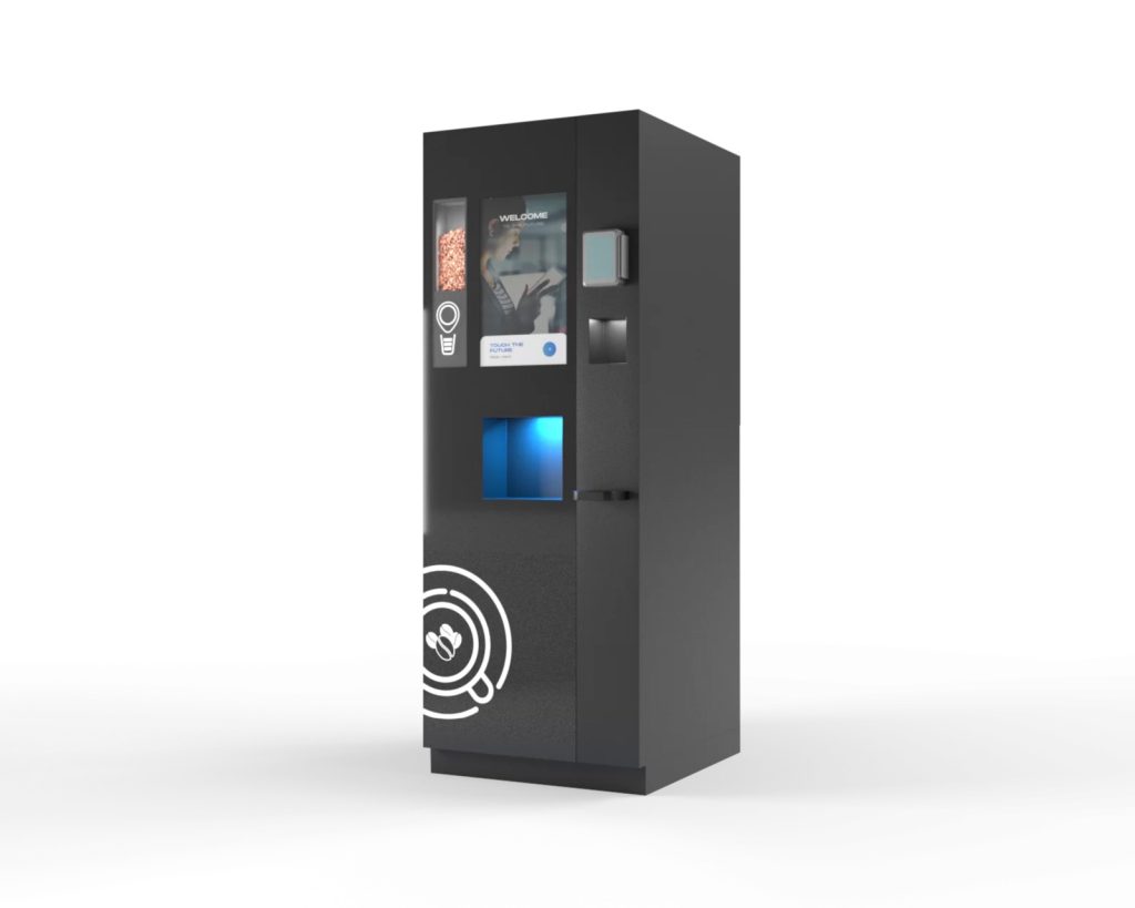 Tall black self-service kiosk with touchscreen