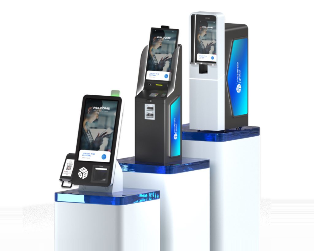 Range of self-service kiosks in different sizes on display stands