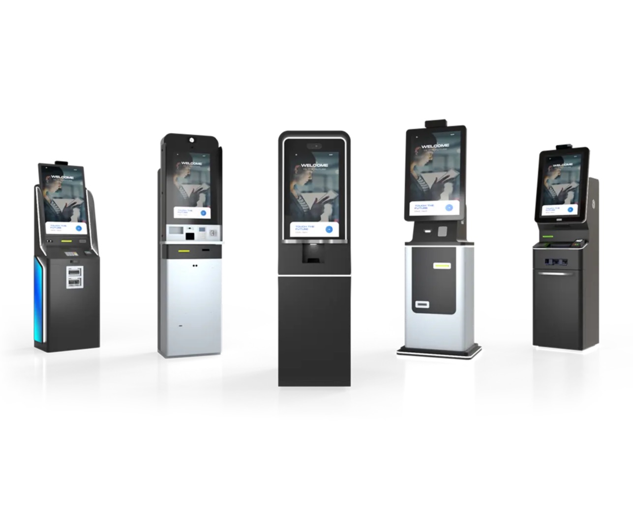 Lineup of five self-service kiosk models