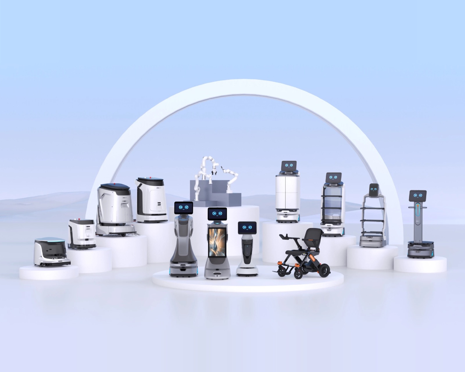 OrionStar robot lineup on white podiums: service, delivery and cleaning robots, robotic arms and a powered wheelchair