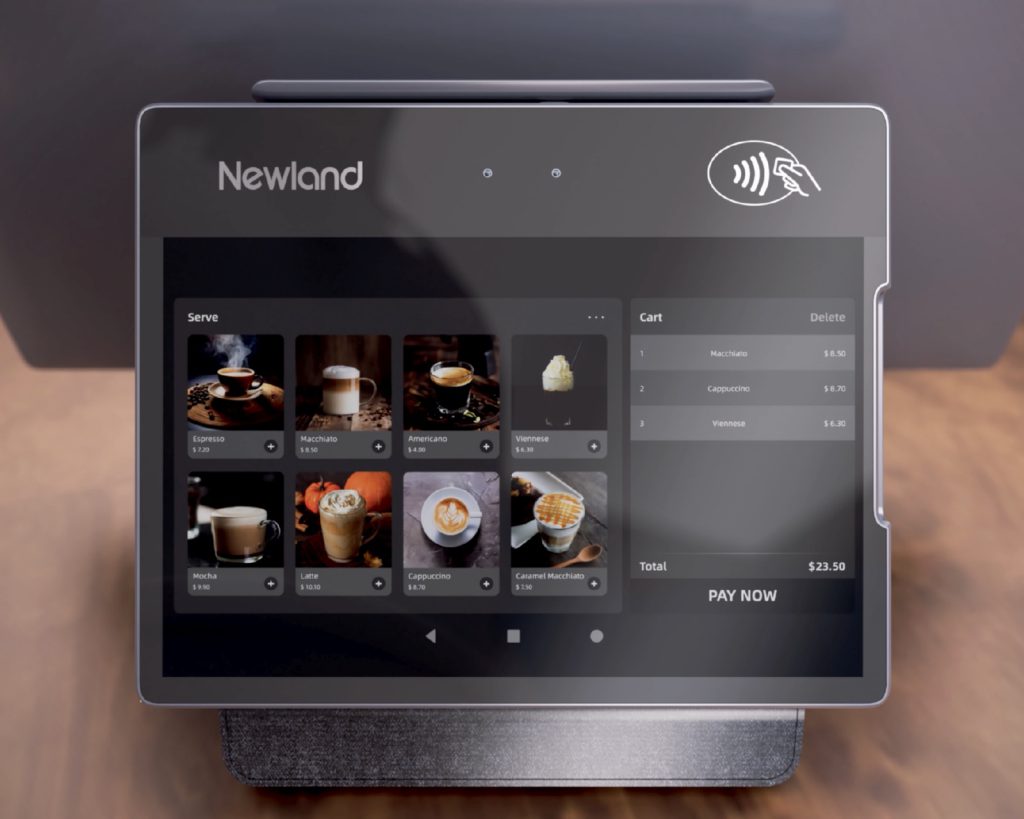 Newland POS terminal showing a café menu and order cart