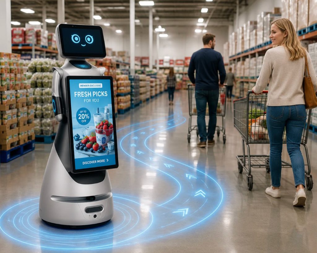 Service robot showing offers to shoppers in a warehouse store aisle