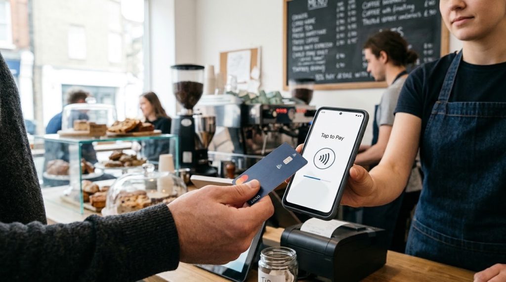 A customer tapping a card on a smartphone held by a café staff member.